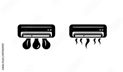Air conditioner solid icon set with hot and cold climate control symbols