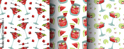 Set of Seamless Patterns with Watermelon Drinks, Lime and Ice Cubes in Flat Style. Iced Summer Texture for Menu Design, Drink Packaging, Wallpaper and Cafe Branding.