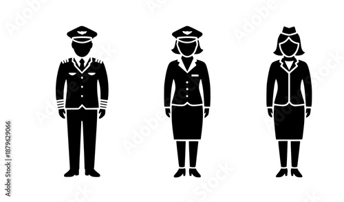 Pilot and stewardess silhouette icon set for aviation signage and branding