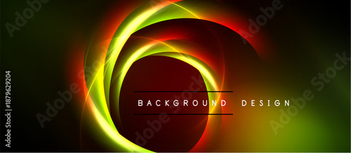 Abstract design features vibrant swirling lights. Red, yellow, green hues blend against dark backdrop. Text reads background design.