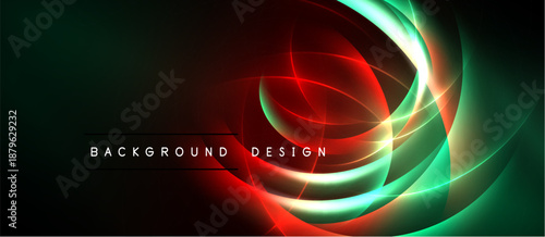 Abstract neon lines create dynamic swirling shapes. Dark background emphasizes vibrant green, red, yellow colors. Modern design element.