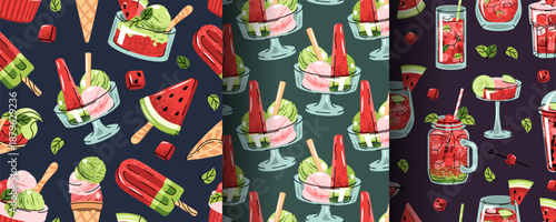 Set of Seamless Patterns with Watermelon Ice Cream and Summer Drinks in Flat Style. Refreshing Sweet Texture for Beverage Branding, Packaging, Textile, Beach Cafe, Menu Design and Party Decor.