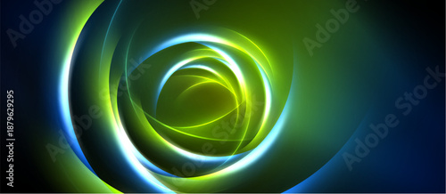 Abstract swirls, luminous rings, vibrant colors blend. Green, blue hues dominate dark background. Dynamic energy radiates from center.