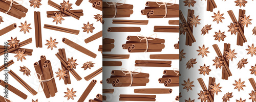 Set of Seamless Patterns with Cinnamon Sticks and Star Anise in Flat Style. Cozy Holiday Spice Texture for Gift Wrap, Festive Packaging, Seasonal Wallpaper, Textile and Home Decor