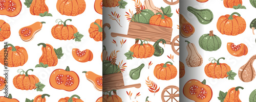 Set of Seamless Patterns with Orange Pumpkins and a Wooden Cart in Flat Style. Autumn Harvest Festival Texture for Paper, Packaging, Wallpaper, Textile and Design. Rural Thanksgiving Concept