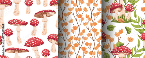 Set Of Seamless Patterns With Mushrooms And Autumn Leaves In Flat Style. Seasonal Fly Agaric Texture For Paper, Packaging, Wallpaper, Textile And Design. Forest Background Concept