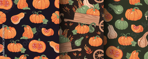 Set of Seamless Patterns with Orange Pumpkins and a Wooden Cart in Flat Style. Autumn Harvest Festival Texture for Paper, Packaging, Wallpaper, Textile and Design. Rural Thanksgiving Concept