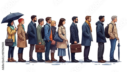 Diverse group of people waiting in line with briefcases and umbrellas on a rainy day