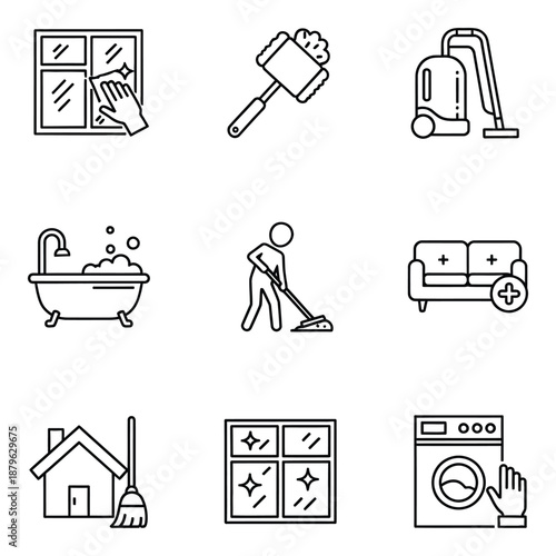 Line icons of various household cleaning tasks and objects for organization and maintenance  cleaning icons set