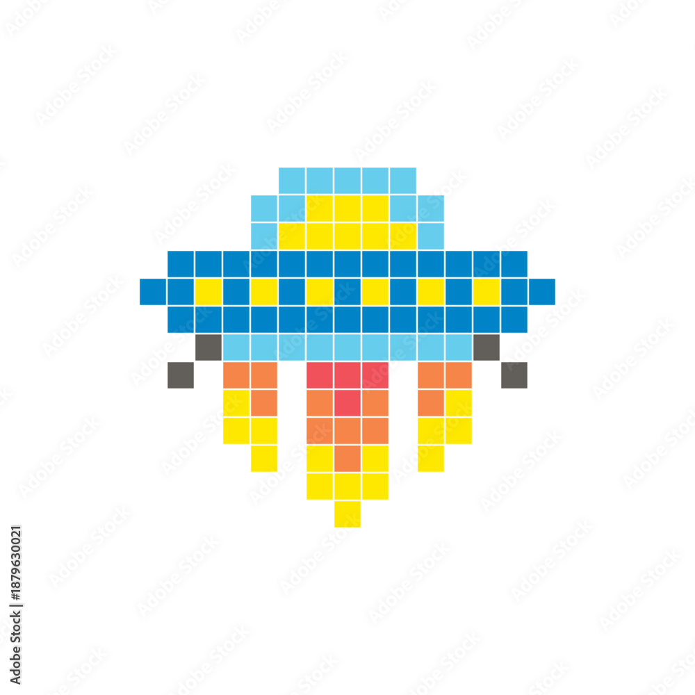 Fototapeta premium A flat pixel design made of geometric square color blocks on a clean icon layout. Pixel art UFO