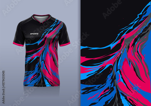 T-shirt mockup abstract texture grunge sport jersey design for football, soccer, racing, esports, running, pink black blue color