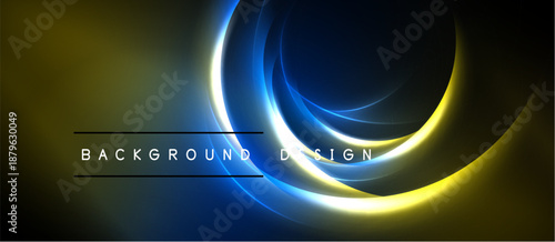 Abstract design features glowing circles, blue, yellow hues. Dark background enhances luminosity, creating modern visual impact.
