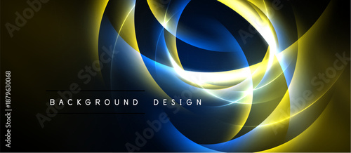 Abstract dynamic lines create glowing effect. Gold, blue hues blend, forming modern background design. Minimalist text present.