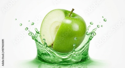 Fresh green apple with a slice cut out splashing into vibrant green liquid.