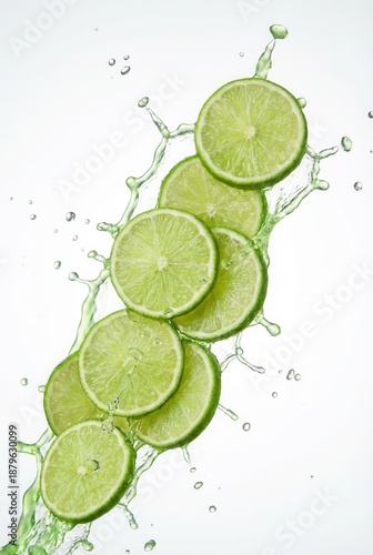 Fresh green lime slices splashing in refreshing water on a clean white background.