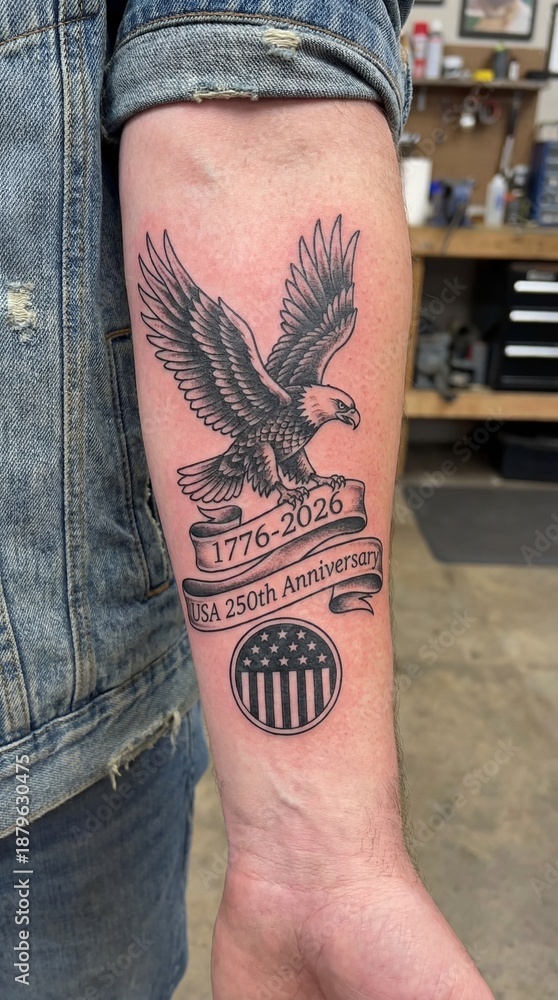 custom made wallpaper toronto digitalClose-up of a fresh forearm tattoo featuring a bald eagle and 1776-2026 text, celebrating the USA 250th Semiquincentennial anniversary.