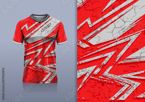 T-shirt mockup with abstract stripe line sport jersey design for football, soccer, racing, esports, running, in red gray color