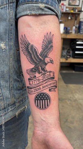 Wallpaper Mural Close-up of a fresh forearm tattoo featuring a bald eagle and 1776-2026 text, celebrating the USA 250th Semiquincentennial anniversary. Torontodigital.ca