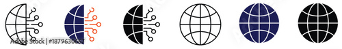 Global Network Globe Icon Set Representing Worldwide Connectivity, Internet Technology, and Digital Communication