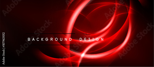 Abstract red neon lines form circular shapes over dark background. Text reads background design. Modern, dynamic visual presentation.