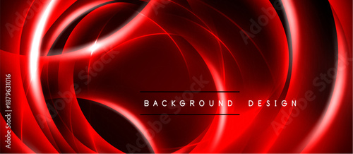 Abstract red neon lines create dynamic circular patterns over dark background. Modern design element for banners, presentations.
