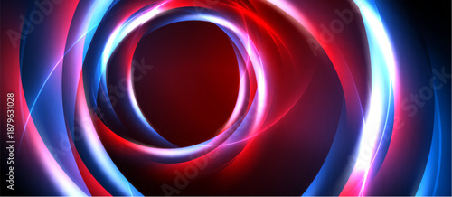 Abstract design features concentric glowing rings. Red, blue hues dominate dark background. Dynamic swirling lines create visual depth.