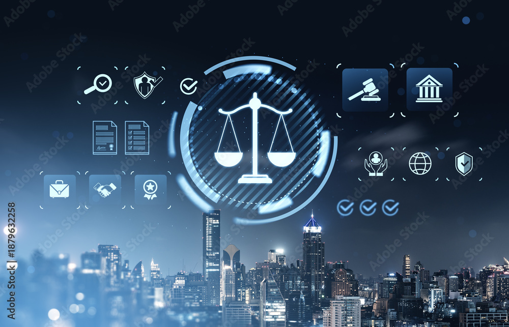 Fototapeta premium Legal technology concept with justice icons and scales of law on futuristic city background at night, symbolizing compliance and regulation systems.