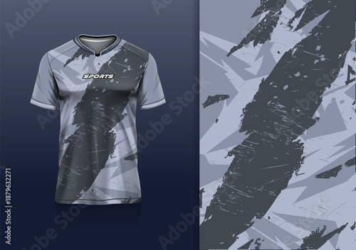 T-shirt mockup abstract texture grunge sport jersey design for football, soccer, racing, esports, running, gray black color