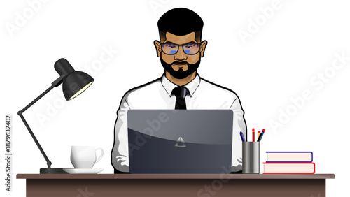 Office Worker Using Laptop at Desk Vector Illustration
