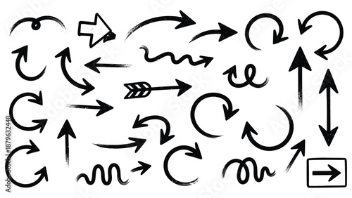 Hand-drawn black arrow icon set with curved and directional shapes