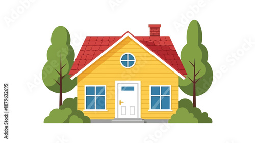 Flat illustration of a yellow suburban house with red roof and green trees
