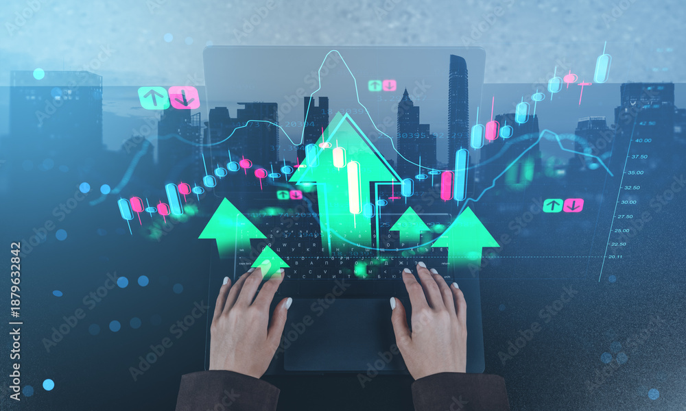 Naklejka premium Hands typing on laptop with financial graphs, green arrows, and futuristic cityscape background representing investment growth and market concept rise.