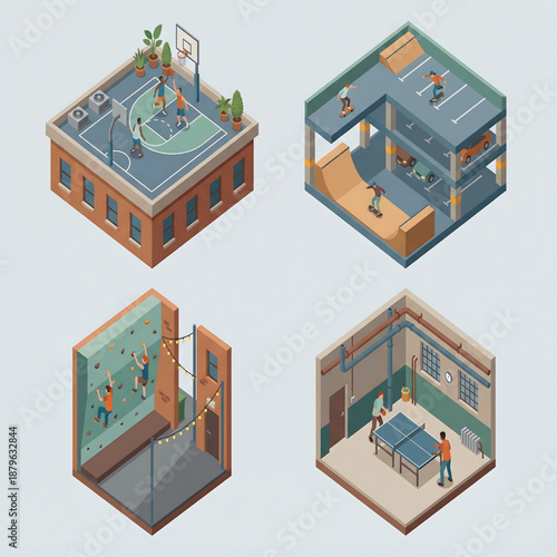 Isometric illustrations of various sports facilities including basketball court, tennis court, volleyball court, and table tennis room with people playing different sports.