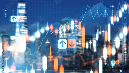 Financial market chart with rising and falling graphs over city skyline at night showing investment growth and decline concept background. © ImageFlow