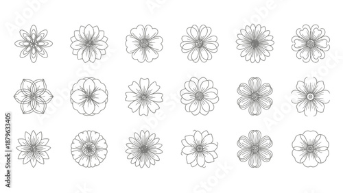 Hand-drawn black and white floral outline icon collection