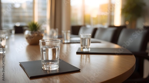 A modern conference room table is set with glasses of water and documents bathed in soft sunlight