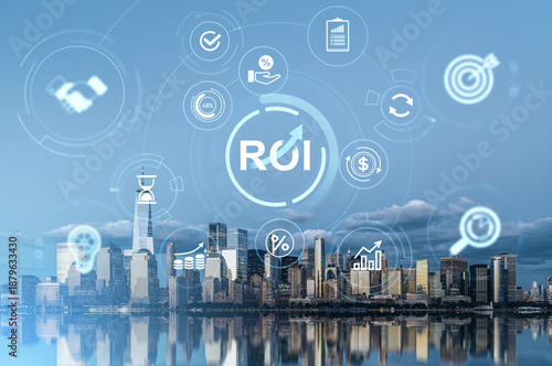 ROI concept with modern digital business icons over Manhattan, NY skyline background under blue sky and reflections on water. © ImageFlow