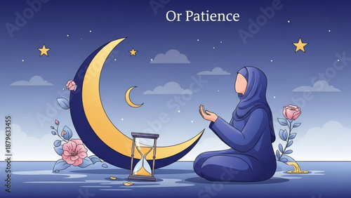 Woman in hijab praying under crescent moon and stars symbolizing patience and faith with hourglass and floral elements night scene