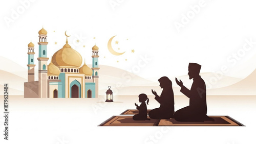 Muslim family praying together in front of a mosque silhouette illustration representing faith and devotion Islamic cultural concept