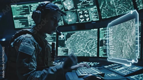 Cyber Warfare Analyst: A focused cyber warfare analyst in a high-tech command center, immersed in monitoring and analyzing intricate data on multiple screens.