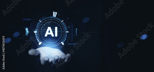 Futuristic hologram of AI technology interface floating above a human hand on dark background showing innovation and machine intelligence concept. © ImageFlow