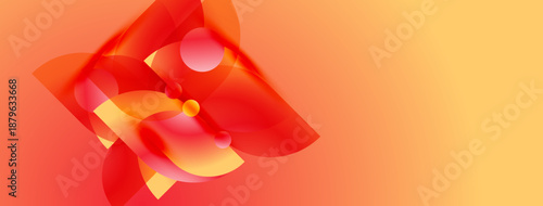 Abstract design features vibrant red, orange hues. Shapes overlap creating dynamic visual effect. Smooth gradients suggest movement, energy.