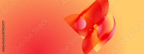 Abstract design features flowing red shapes, warm gradients. Orange hues dominate background, creating dynamic visual effect.