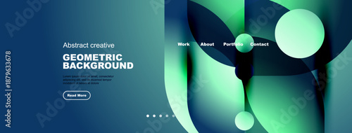 Abstract geometric background features vibrant blue, green hues. Navigation includes work, about, portfolio, contact options. Minimalist design.