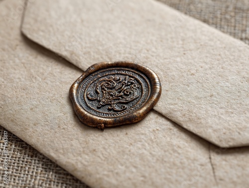 Close-up of a vintage bronze wax seal with an ornate design on a textured kraft paper envelope, resting on burlap.