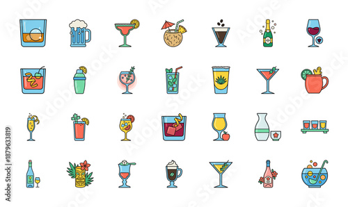 Alcoholic Drinks Vector Icon Set featuring Cocktails Beer Wine Whiskey and Tiki Glassware in Playful Line Style
