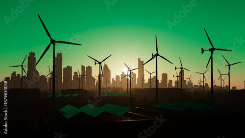 Wind turbines generate power in a modern cityscape at sunset with solar panels
