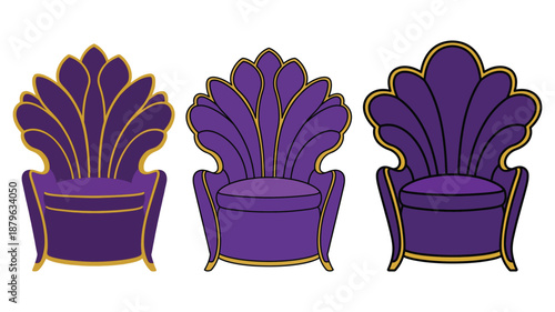 Three purple velvet fan shaped high backed luxury art deco style throne armchairs furniture set