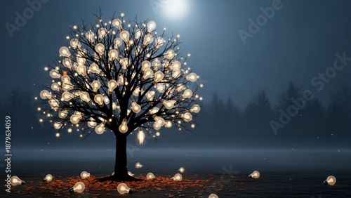 A tree with glowing lights stands alone in a dark forest under the moon.