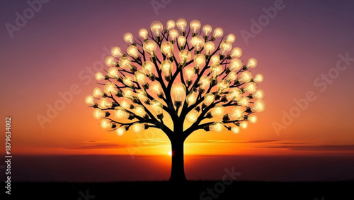 Glowing tree stands alone at sunset in a serene natural landscape outdoors